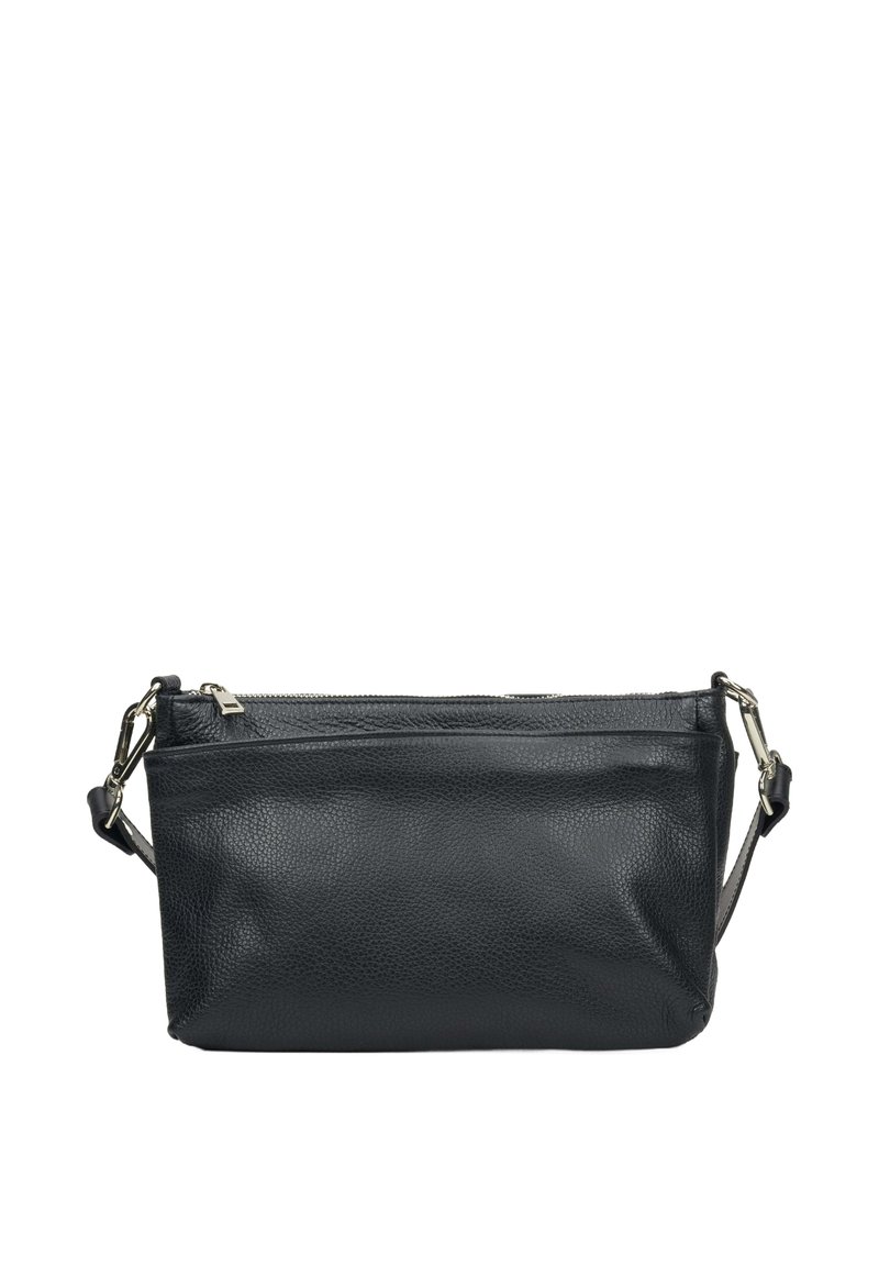 Czarna skórzana torebka crossbody z teksturowanym wykończeniem, z górnym zapięciem na zamek oraz regulowanym paskiem dla większej uniwersalności.