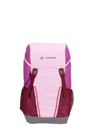Pink and purple Vaude backpack with top flap, two front straps, mesh side pockets, and red vertical accents.
