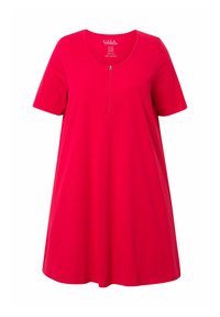 Vestido de algodón rojo con escote redondo y mangas cortas, que presenta un detalle de cremallera en la parte delantera. Silueta fluida en forma de A.