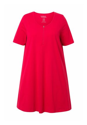 Czerwona bawełniana sukienka z krótkimi rękawami, okrągłym dekoltem i suwakiem z przodu. Rozkloszowany fason w kształcie litery A, gładka faktura i jednolity kolor.