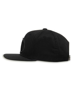 Black baseball cap with a flat brim, made of sturdy fabric, featuring a textured surface and a subtle embossed logo on the front.