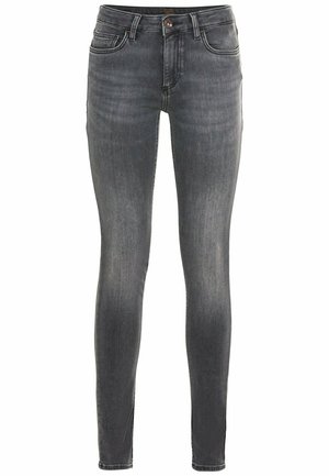Skinny jeans in donkergrijs denim met een gladde textuur. Voorzien van vijf zakken, een knoopsluiting aan de voorkant en subtiele stikdetails.
