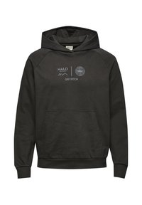 Ciemnoszara bluza z kapturem, z kieszenią z przodu, posiadająca kaptur, prążkowane mankiety oraz haftowane logo na piersi. Wykonana z miękkiej, teksturowanej tkaniny.