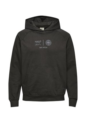 Dark gray hoodie with a front pocket, featuring a hood, ribbed cuffs, and embroidered logos on the chest. Made from soft, textured fabric.