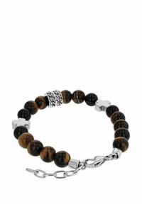 Pulsera de cuentas que presenta ojos de tigre marrón y cuentas negras, con acentos de plata, charms en forma de cruz y un cierre de langosta.
