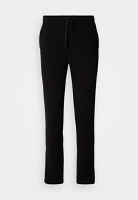 Pantalones de chándal negros de pierna recta con cintura elástica y cierre de cordón, mostrados planos sobre un fondo blanco.