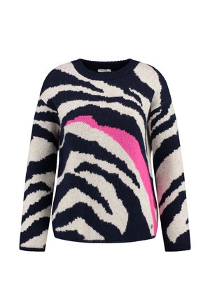 Navyblauer und cremefarbener Pullover mit einem Zebra-Muster und einem leuchtend pinken Akzent. Hergestellt aus weichem Strickmaterial mit langen Ärmeln.