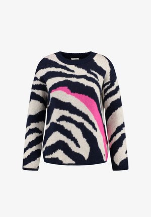 Navyblauer und cremefarbener Pullover mit einem Zebra-Muster und einem leuchtend pinken Akzent. Hergestellt aus weichem Strickmaterial mit langen Ärmeln.