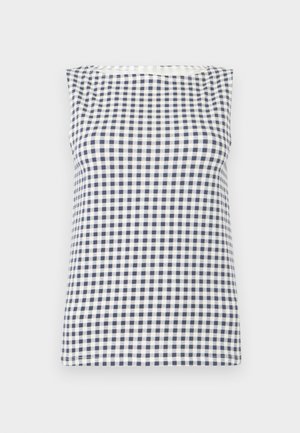 Brezrokavnik s črno-belim karo vzorcem, okroglim izrezom in ravnim robom.