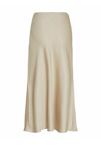 Satinbeige midi-kjol med en mjuk textur, utsvängd form och sidofickor för enkel rörelse. Enkel, sömlös midja.