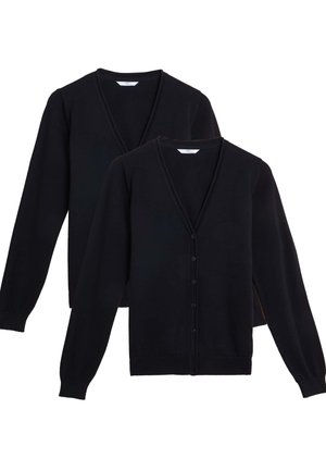 Zwarte v-hals cardigans met lange mouwen, een knoopsluiting aan de voorkant, ribbels bij de manchetten en onderkant. Twee kledingstukken te zien, wat een set aangeeft.