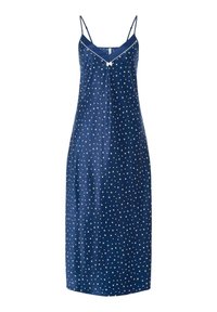 Vestido de satén azul marino con patrón de estrellas blancas, tirantes spaghetti ajustables, escote en V y una silueta A-line fluida.