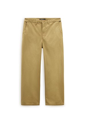 Chinos in cotone khaki con un design a gamba dritta, dotati di tasche laterali e chiusura a bottone frontale, su uno sfondo bianco semplice.