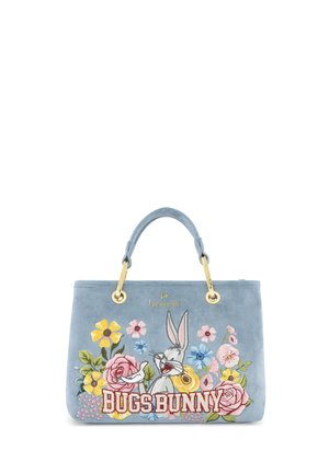 Borsa a mano azzurra chiaro con manici dorati, fiori ricamati, cartone animato di Bugs Bunny e testo ""BUGS BUNNY"" sul davanti.