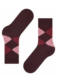 Burgundy socks with pink and dark red argyle patterns. Smooth texture, standard length, and reinforced toe and heel areas.