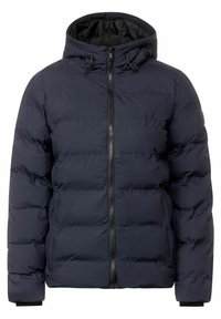 Granatowa pikowana kurtka puchowa z kapturem, zapinana na zamek błyskawiczny z przodu, z przeszyciami, elastycznymi mankietami i dwoma bocznymi kieszeniami. Gładka tekstura tkaniny.