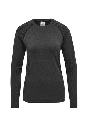 Mørkegrå langærmet dame t-shirt med rund hals og teksturerede mønstrede paneler på skuldre og albuer, figursyet.