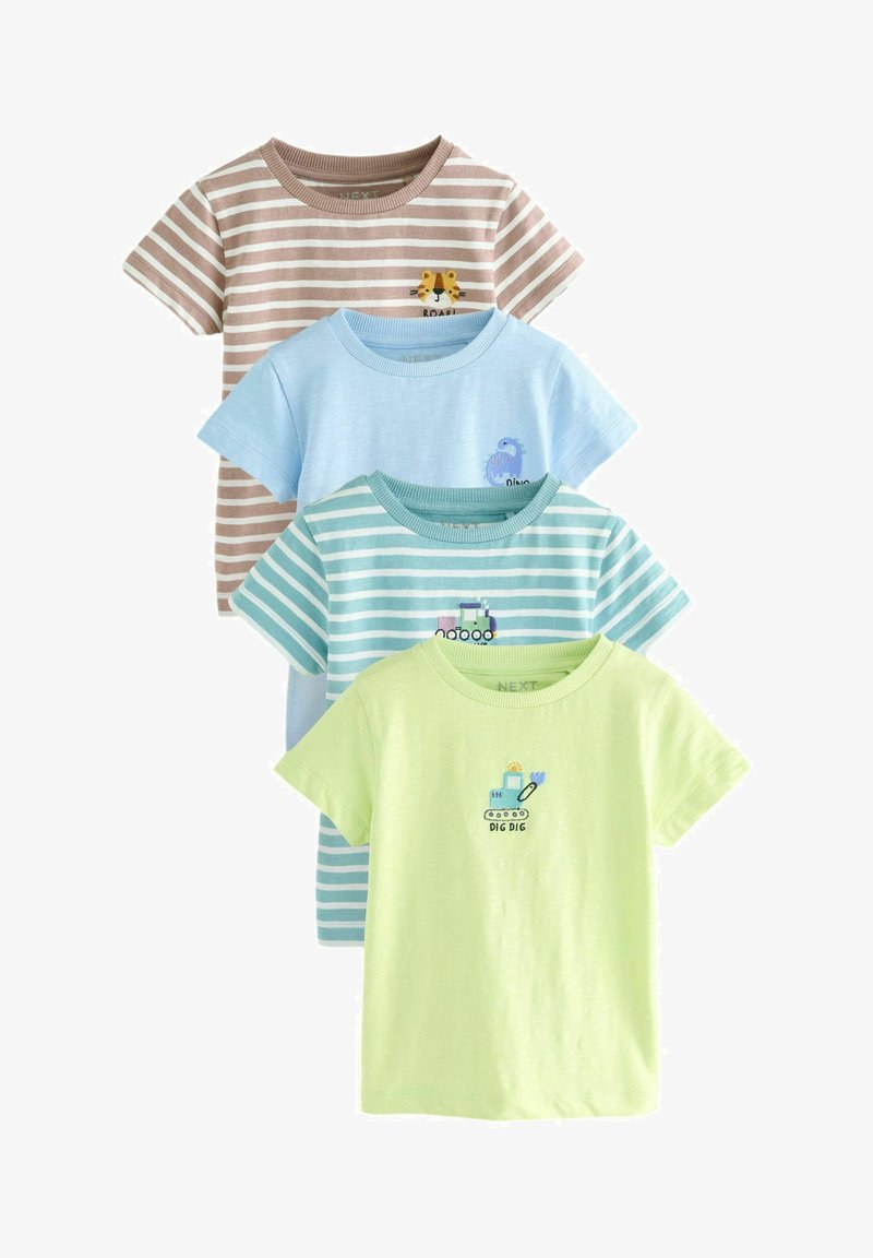 Neli lühikese varrukaga T-särki: pruun ja beež triibuline lõviga graafika, helesinine dinozauriga, teerohelise triibuga rongiga ja laimikollane kaevuriga.