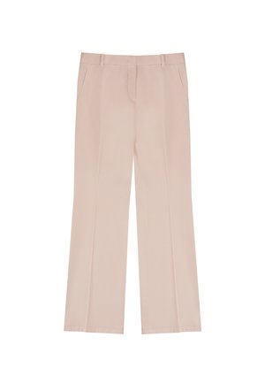 Pantaloni a gamba larga rosa chiaro realizzati in tessuto morbido, con due tasche frontali e una piega al centro di ogni gamba.