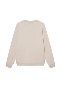 Világos bézs pulóver, kerek nyakkivágással, hosszú ujjakkal, bordás mandzsettákkal és aljjal. Simas-textúra, minimalista dizájn, látható logók nélkül.