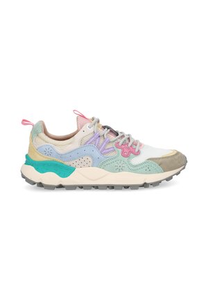 Multicolored sneaker with pink, blue, purple, green, and beige suede and mesh panels, white laces, and rugged gray sole.