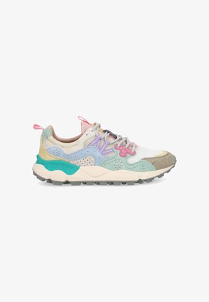 Multicolored sneaker with pink, blue, purple, green, and beige suede and mesh panels, white laces, and rugged gray sole.