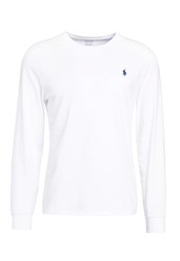 Vit långärmad T-shirt i bomull. Har rund halsringning och ribbade ärmslut, med en liten blå logotyp på vänster bröst.