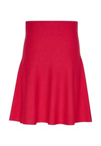 Jupe patineuse rouge en tissu extensible, avec une taille ajustée, un ourlet évasé, une texture douce et sans motifs ni éléments visibles.