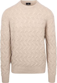 Beige cable knit sweater with a round neckline and ribbed cuffs. Features textured design with subtle pattern throughout.