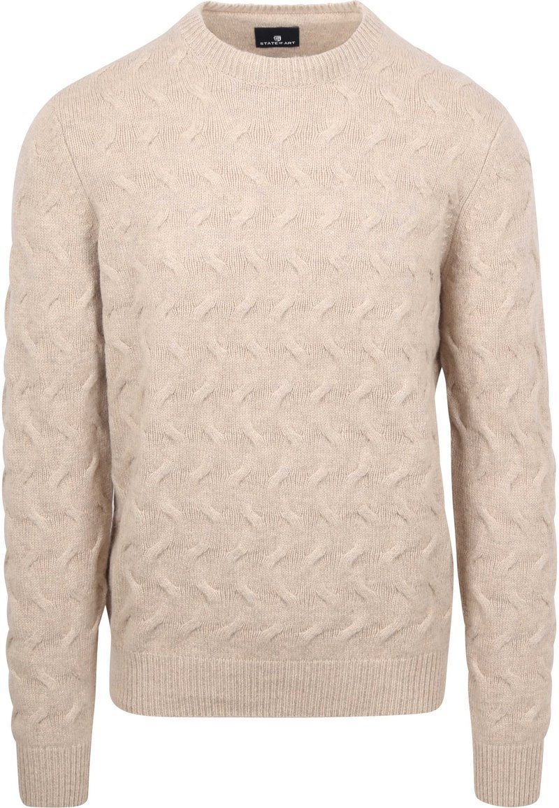 Beige cable knit sweater with a round neckline and ribbed cuffs. Features textured design with subtle pattern throughout.