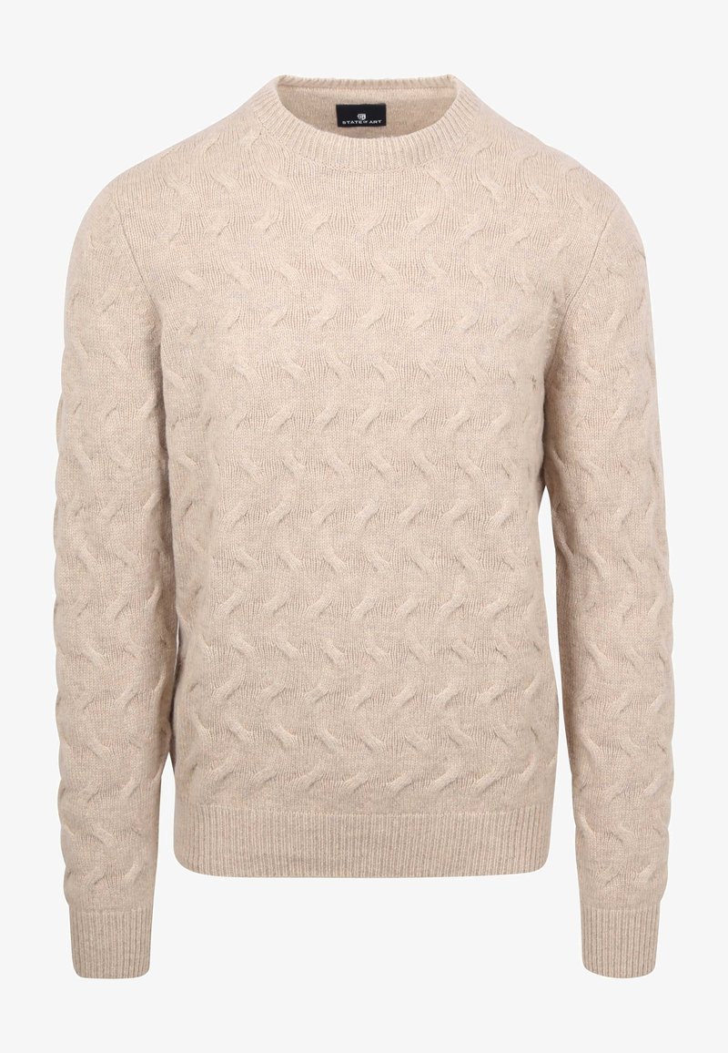 Beige cable knit sweater with a round neckline and ribbed cuffs. Features textured design with subtle pattern throughout.