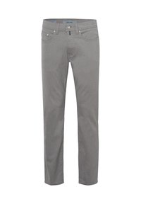 Grijze denim jeans met een rechte snit, knoopsluiting, voorzakken en riemlussen; een gladde textuur en een consistente kleur doorheen.