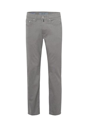 Graue Denim-Jeans mit geradem Schnitt, Knopfverschluss, Fronttaschen und Gürtelschlaufen; glatte Textur und durchgehend einheitliche Farbe.