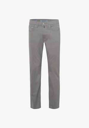 Graue Denim-Jeans mit geradem Schnitt, Knopfverschluss, Fronttaschen und Gürtelschlaufen; glatte Textur und durchgehend einheitliche Farbe.