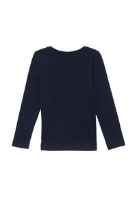 Marineblauw T-shirt met lange mouwen en een ronde halslijn; heeft een eenvoudige uitstraling zonder patronen of accenten.
