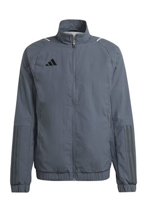 Grijze sportjack met een opstaande kraag, voorkant rits en het Adidas-logo. Heeft een subtiele textuur en gestreepte accenten op de mouwen.