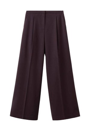 Wide-leg trousers in dark purple fabric. Features two front pleats, a flat waistband, and no visible pockets. Smooth texture, tailored design.