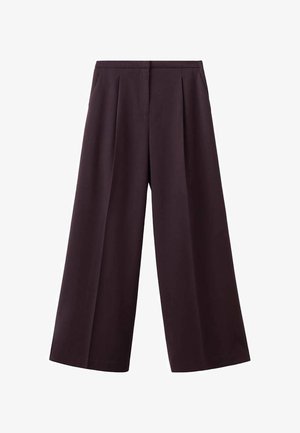 Hlače širokih nogavica od tamnoljubičaste tkanine. Imaju dvije prednje nabore, ravni pojas i nema vidljivih džepova. Glatka tekstura, krojeni dizajn.
