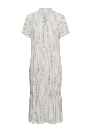 Abito midi crema con maniche corte, righe floreali verticali blu, scollatura a V e pannelli a balze nella gonna.