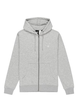Šedá zapínacia mikina s kapucňou vyrobená z mäkkej, česanej textílie. Obsahuje kapucňu s šnúrkou, predné vrecká a malé logo na hrudi.