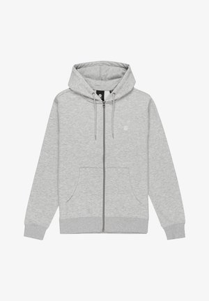 Gray zip-up hoodie made of soft, brushed fabric. Features a drawstring hood, front pockets, and a small logo on the chest.
