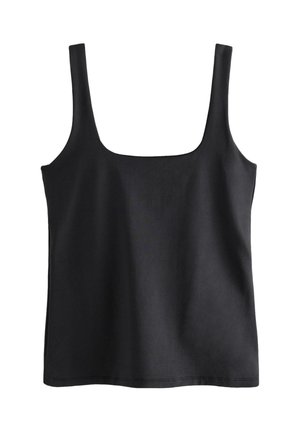 Sort ærmeløs tanktop med firkantet halsudskæring og brede skulderstropper, lavet af glat stof.