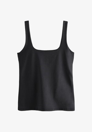 Sort ærmeløs tanktop med firkantet halsudskæring og brede skulderstropper, lavet af glat stof.
