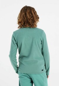 Lys grøn fleecepullover med lange ærmer, en rund halsudskæring og blød tekstur. Har et lille logo mærke nær sømmen.