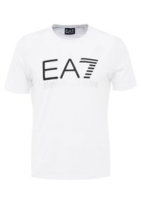 Biała bawełniana koszulka z krótkim rękawem, z czarnym nadrukiem graficznym z tekstem "EA7" i "Emporio Armani". Projekt z okrągłym dekoltem.