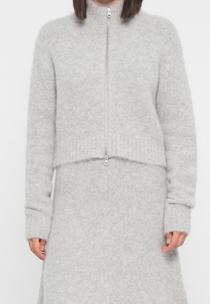 Femme portant un pull en maille duveteuse gris clair avec une fermeture éclair à l'avant et une jupe assortie, vue du cou jusqu'au milieu des cuisses sur un fond uni.