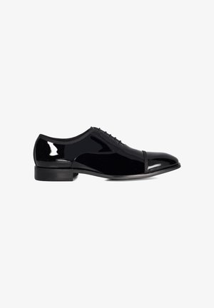 Black patent leather Oxford dress shoe with cap toe and closed lacing, shown in side profile on a white background.