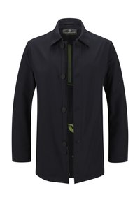 Navy wasserfeste Jacke mit Knopfverschluss, Kragen und leuchtend grünen Akzenten innen. Glatte Textur und taillierter Schnitt.