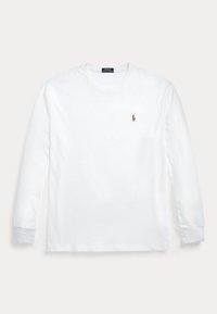Biała koszulka z długim rękawem i okrągłym dekoltem z małym wyszywanym logo Polo Ralph Lauren na lewej piersi.