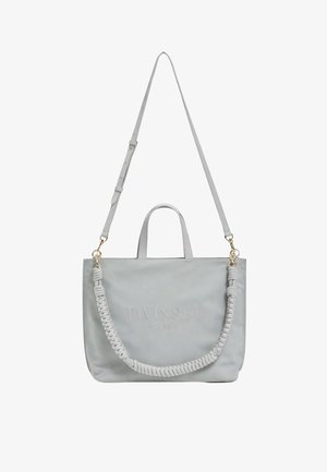 Borsa tote grigio chiaro con due manici, una tracolla intrecciata staccabile e logo "TWINSET MILANO" in rilievo sul davanti.